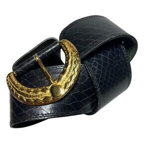 Kathi Kilburn Cinch Belt Small Black Embossed Reptile Leather Wide Gold Buckle